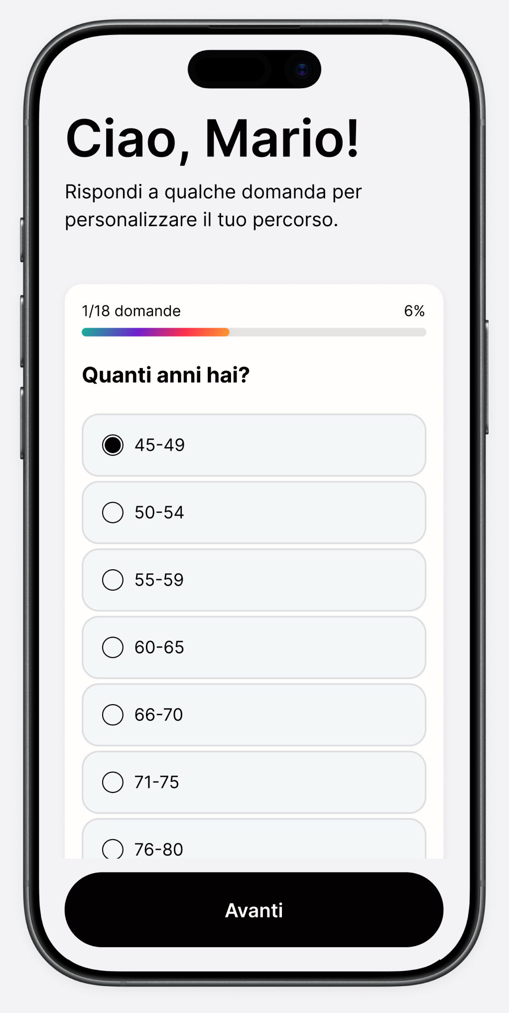 Schermata di benvenuto con il questionario iniziale